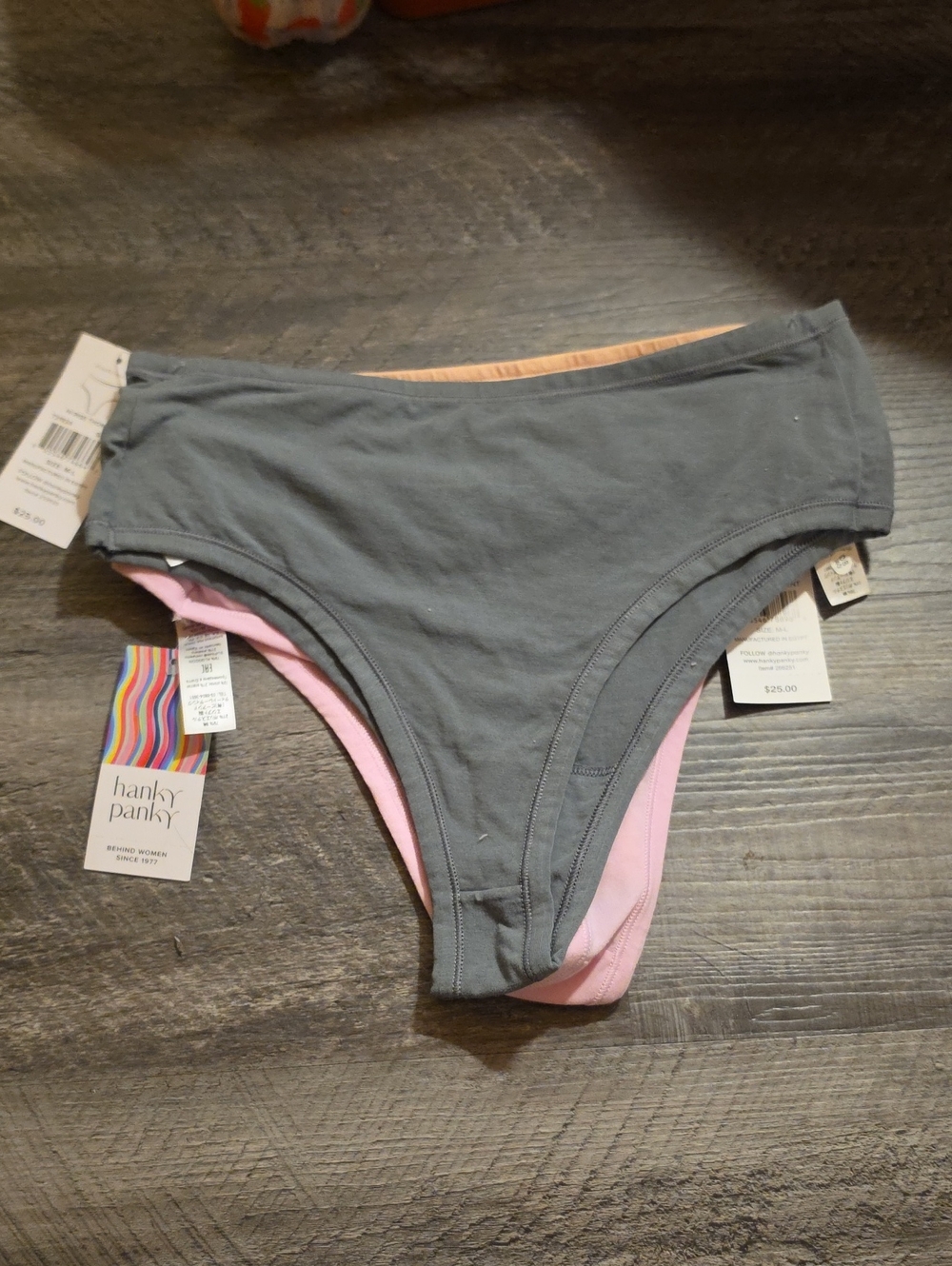Hanky Panky Hi Rise Thong Size M-L Gray, Pink & Peach - 3 Pack